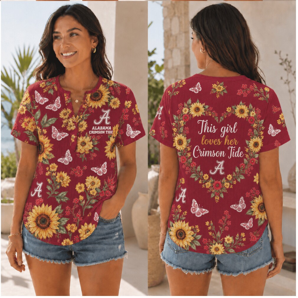 Alabama Crimson Tide This Girl Loves Sunflower Henley Shirt Alabama Crimson Tide This Girl Loves Sunflower Henley Shirt