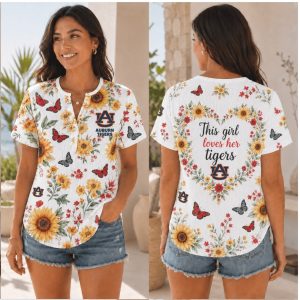 Auburn Tigers This Girl Loves Floral Sunflower Henley Shirt
