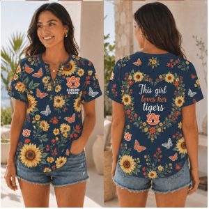 Auburn Tigers This Girl Loves Floral Sunflower Henley Shirt