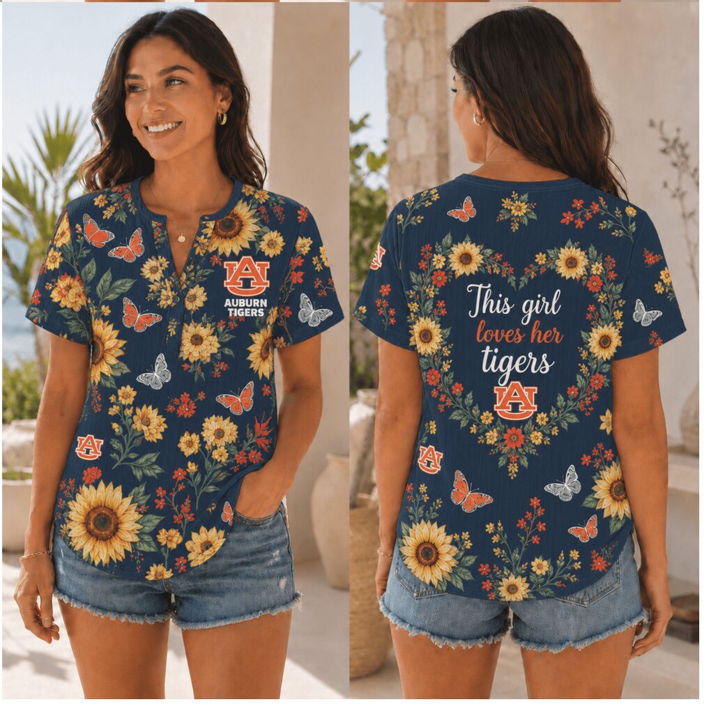 Auburn Tigers This Girl Loves Floral Sunflower Henley Shirt Auburn Tigers This Girl Loves Floral Sunflower Henley Shirt