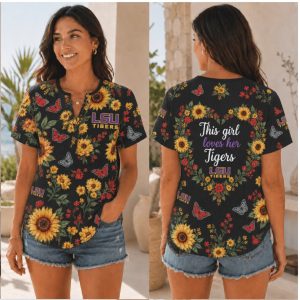 LSU Tigers Sunflower Butterfly This Girl Loves Henley Shirt