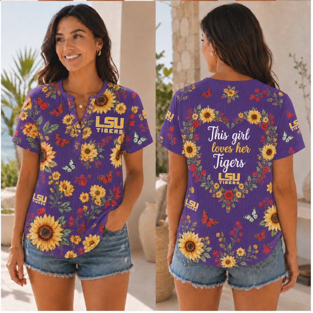 LSU Tigers Sunflower Butterfly This Girl Loves Henley Shirt LSU Tigers Sunflower Butterfly This Girl Loves Henley Shirt