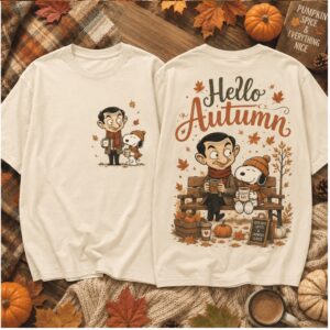 Mr Bean And Snoopy Hello Autumn Fall Season Cozy Coffee Shirt