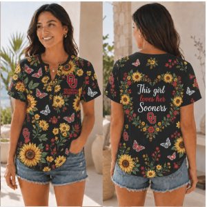 Oklahoma Sooners This Girl Loves Sunflower Floral Henley Shirt