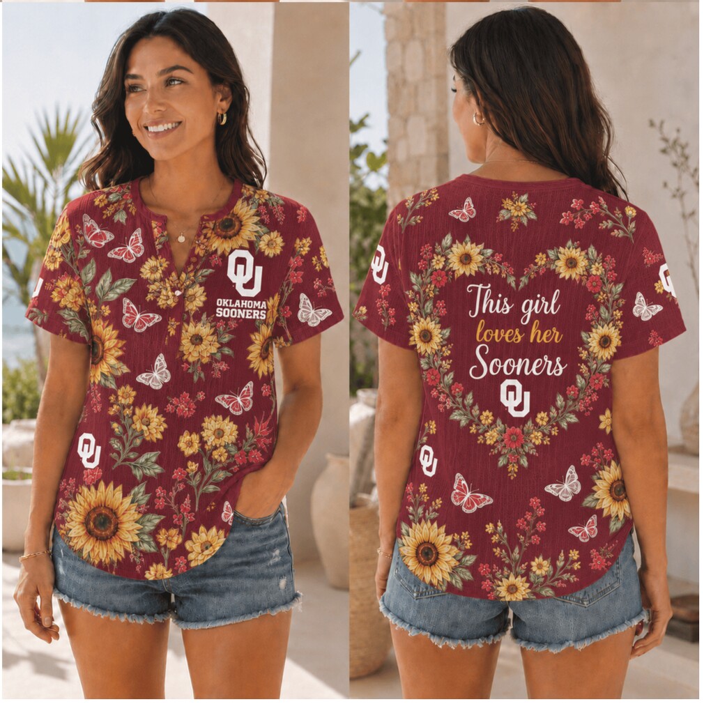 Oklahoma Sooners This Girl Loves Sunflower Floral Henley Shirt Oklahoma Sooners This Girl Loves Sunflower Floral Henley Shirt