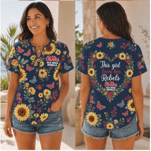 Ole Miss Rebels This Girl Loves Sunflower Butterfly Henley Shirt