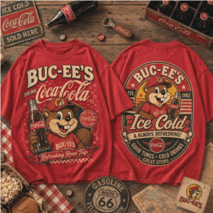 Buc ees Coca Cola Beaver Mascot Ice Cold Refreshing Road Trip Vintage Red Shirt