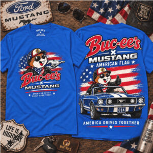 Buc Ees Mustang American Flag Racing Car Shirt