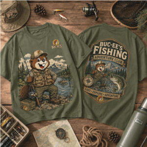 Buc ees Beaver Mascot Fishing Adventure Club Outdoor Camp Shirt