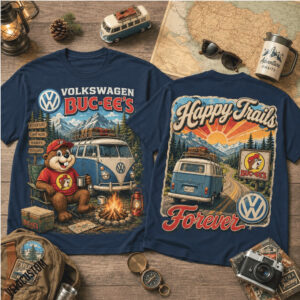 Buc ees Beaver Mascot Volkswagen Camper Van Happy Trails Shirt