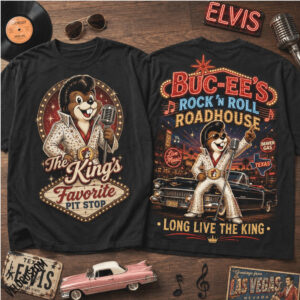 Buc ees Elvis Presley Beaver Mascot Rock N Roll Roadhouse Vegas Black Shirt