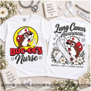 Buc ee's Lung Cancer Awareness White Ribbon Nurse Shirt