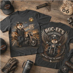 Buc ee's Road Riders Route 66 Biker Beaver Motorcycle Shirt