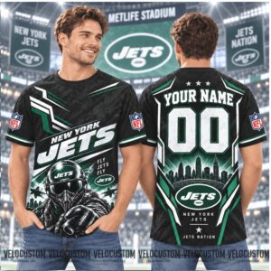 New York Jets Mascot Skyline Custom Name Football Shirt