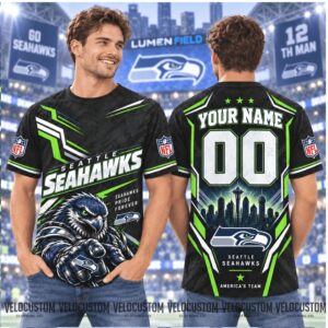 Seattle Seahawks Football Mascot Skyline Custom Baseball Shirt